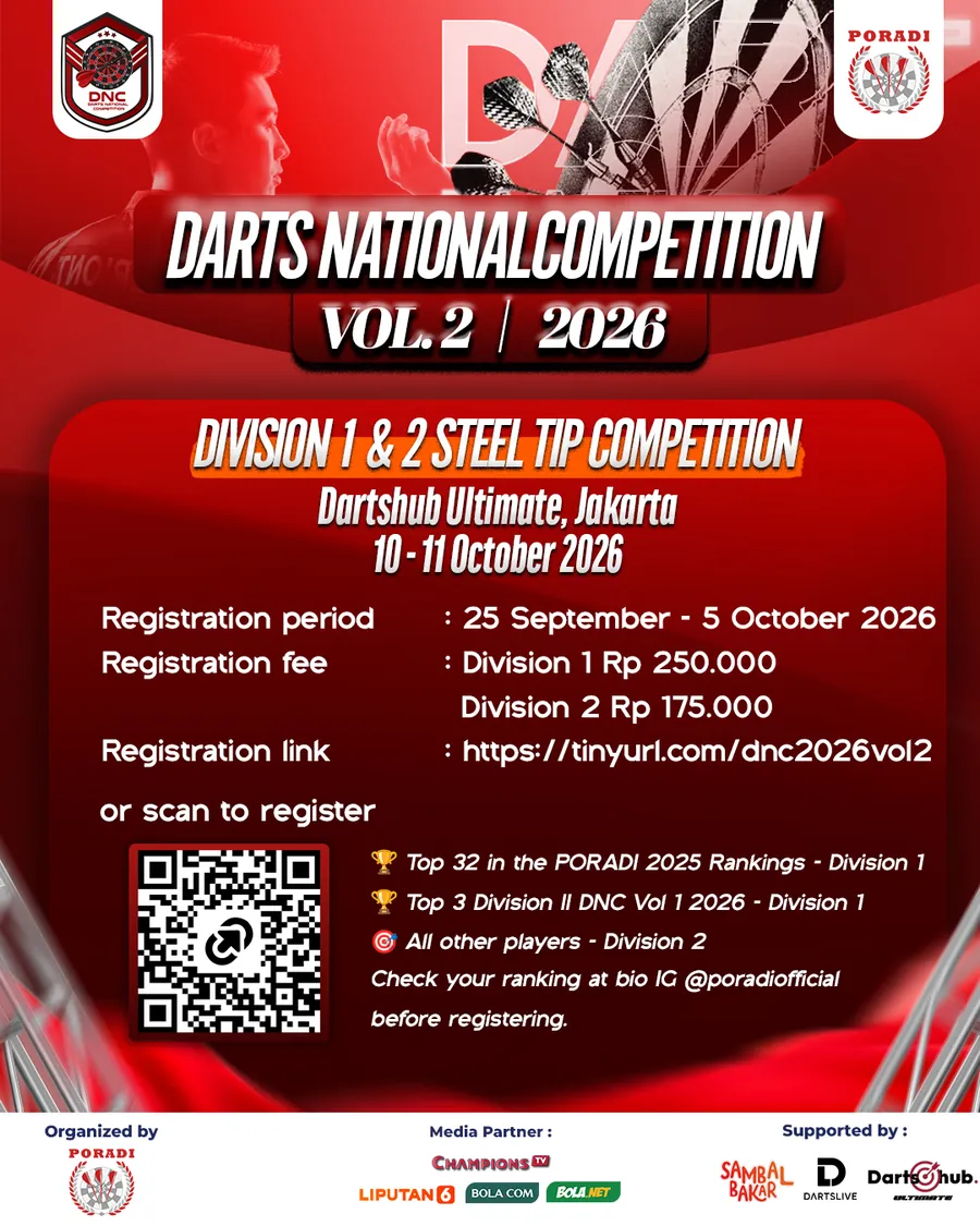 Poster Darts National Competition Vol. 2 2026, 10-11 Oktober 2026 di Dartshub Ultimate, Jakarta